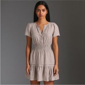 Anthropologie Somerset Mini Dress Tiered Smocked Roomy Linen Tan Brown Size Xxs
